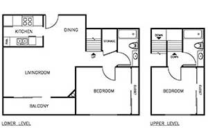 2 Bedroom 2 Bath Townhome 950 sqft floor plan