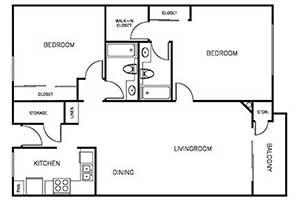 2 Bedroom 2 Bath 900 sqft floor plan layout 2