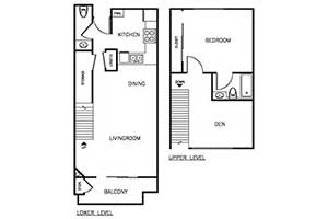 1 Bedroom 1.5 Bath Townhome 875 sqft floor plan layout 2