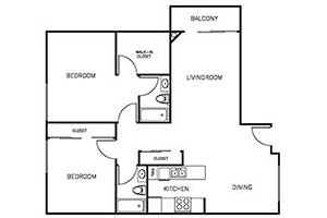 2 Bedroom 2 Bath 900 sqft floor plan