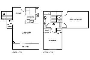 1 Bedroom 1 Bath Townhome 875 sqft floor plan