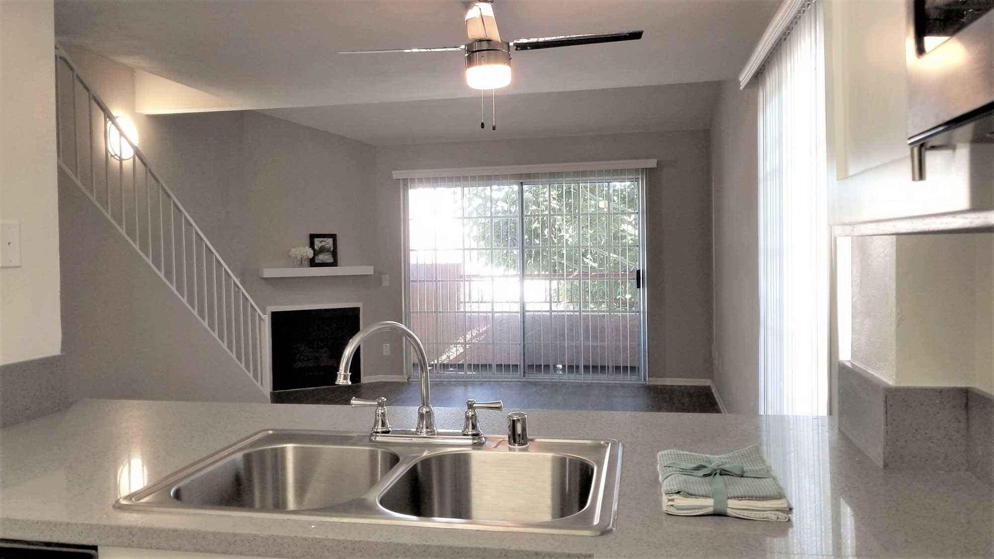 Townhomes on Emerson living room with fireplace and patio access