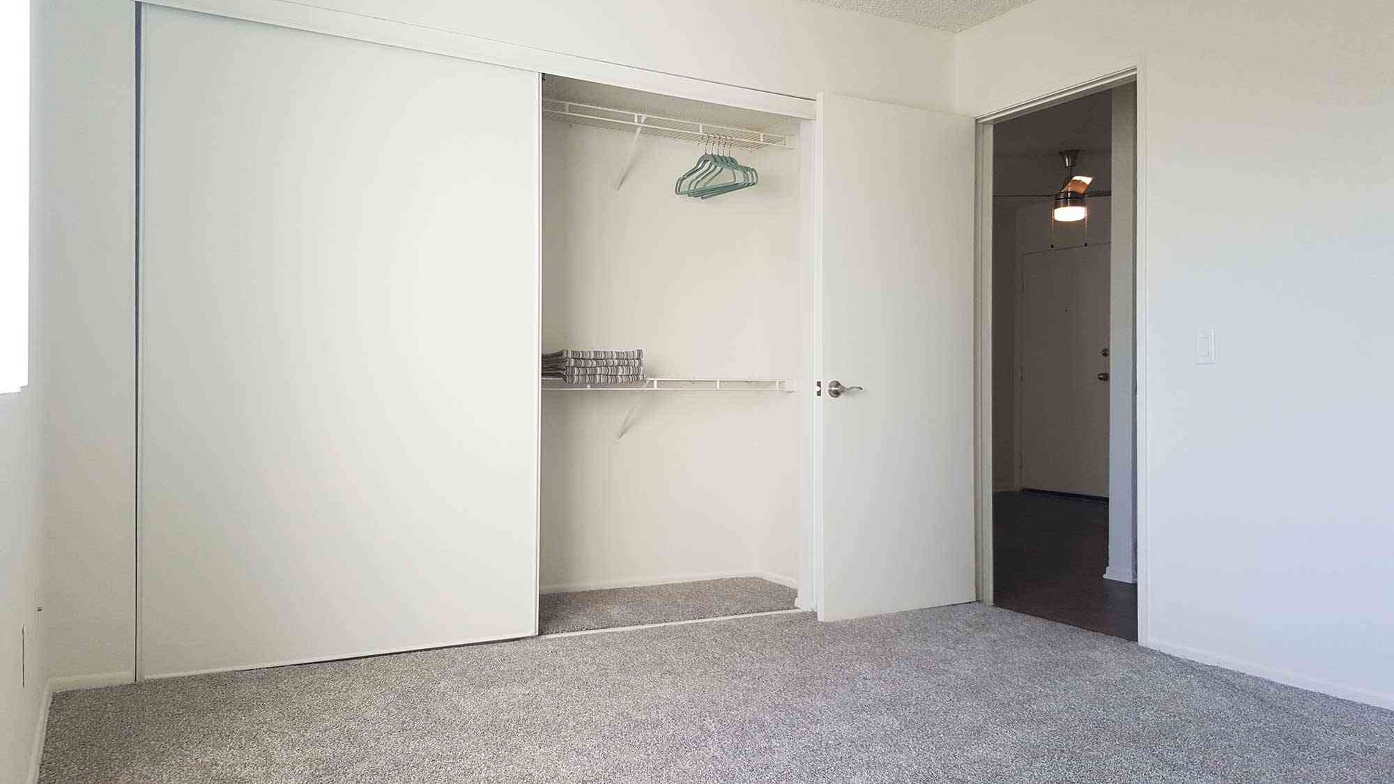 bedroom closet with built in shelving and carpet