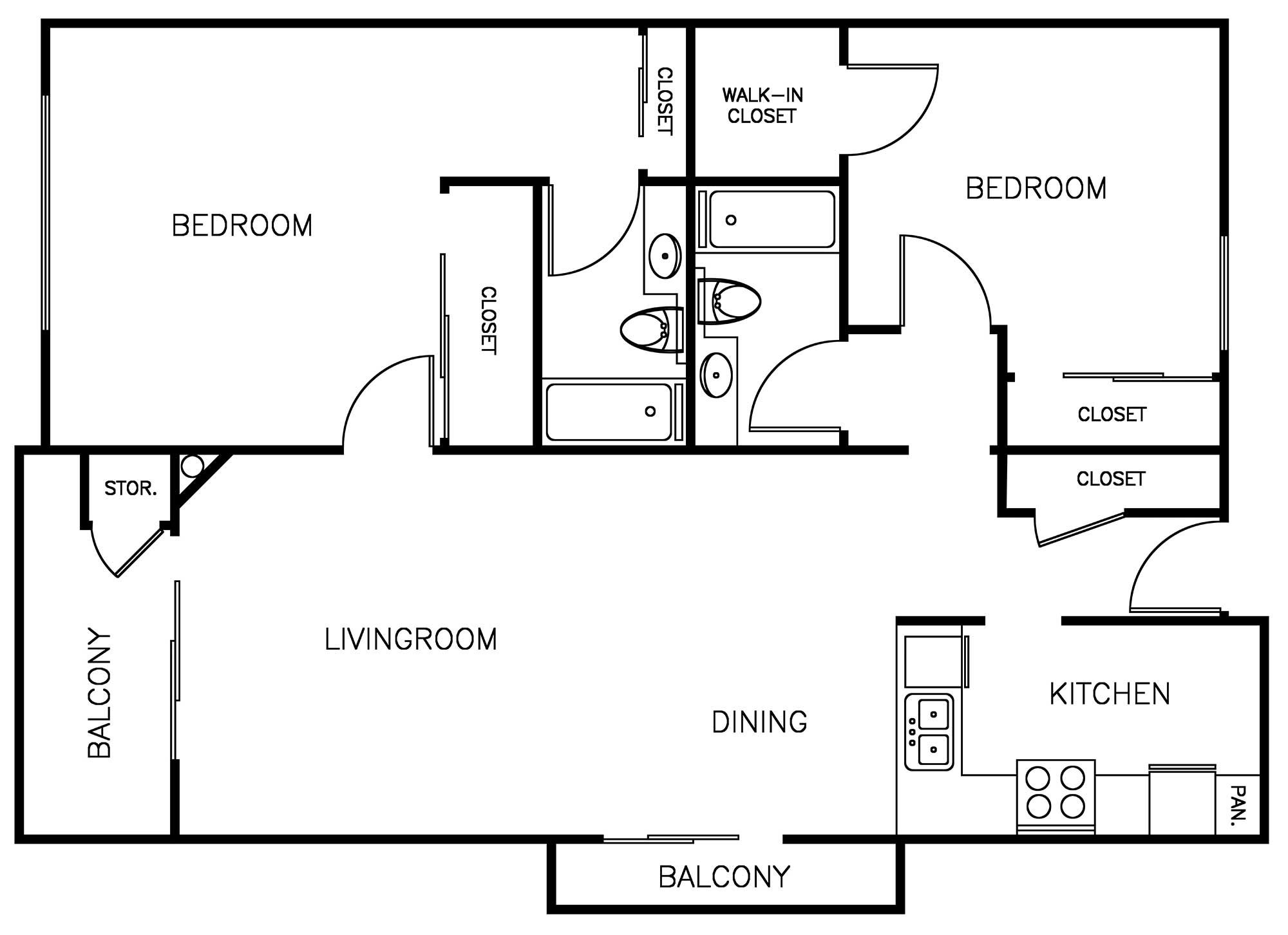 2 Bedroom 2 Bath Floorplan