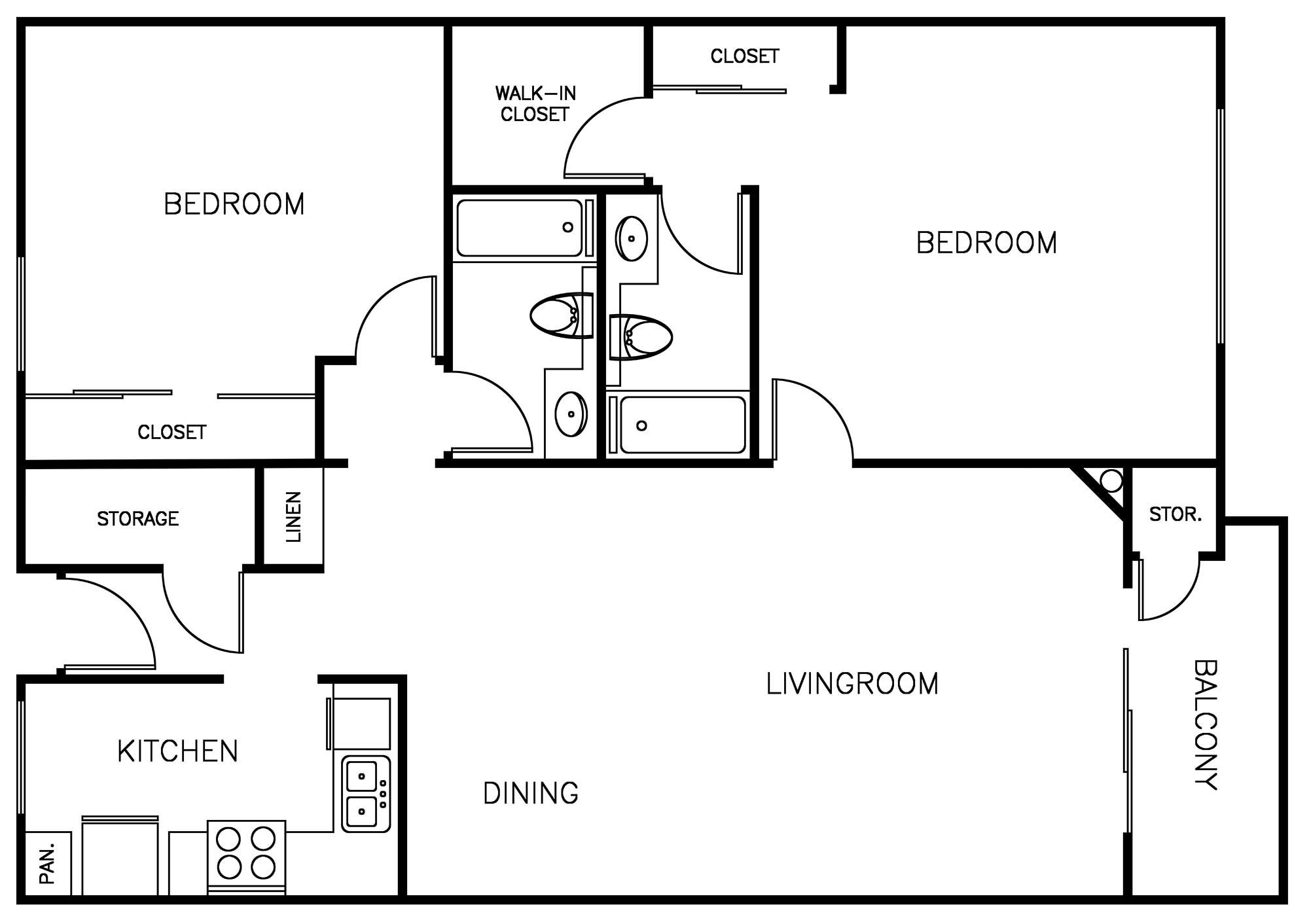 2 Bedroom 2 Bath Floorplan