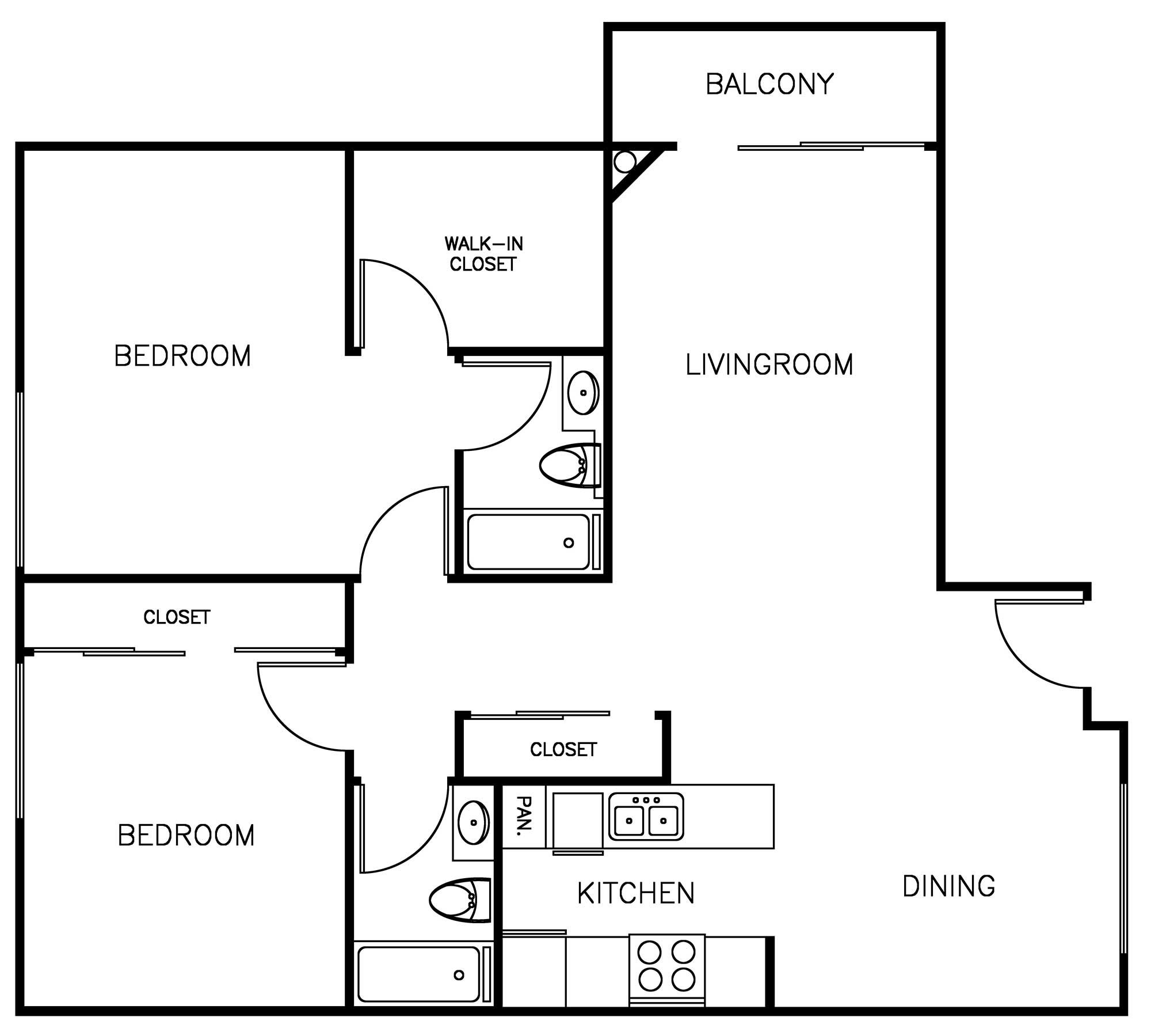 2 Bedroom 2 Bath Floorplan